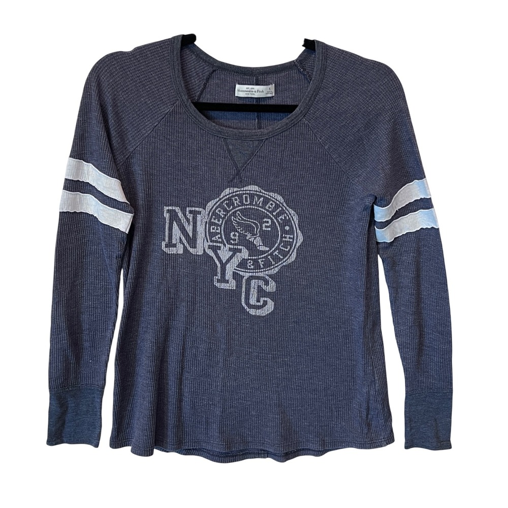 Abercrombie & Fitch Gray Waffle‎ Knit NYC Graphic Varsity Stripe Thermal Y2K Sm